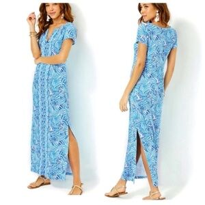 Lilly Pulitzer Sophiletta Blue Seashell Short Sleeve Maxi Dress UPF 50 Large